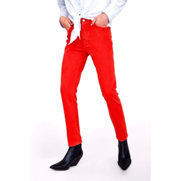 Zara Z1975 Basic Red Mom Jeans Mid-High Waist Fit with Retro Americana Vibe - Picture 2 of 8